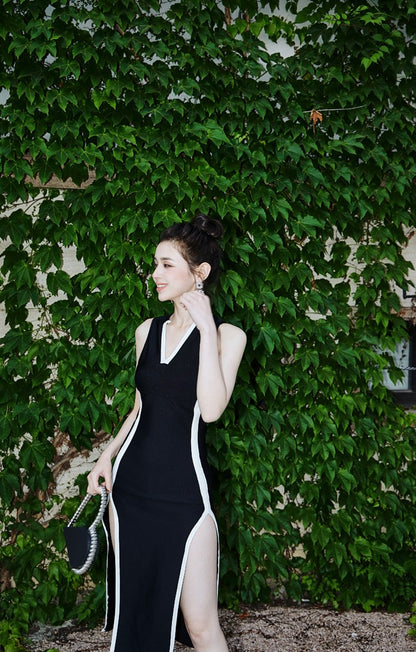 DOLLY High End Black and White V-Neck Sleeveless Slim Fit High Slit Sexy Dress-ESTER