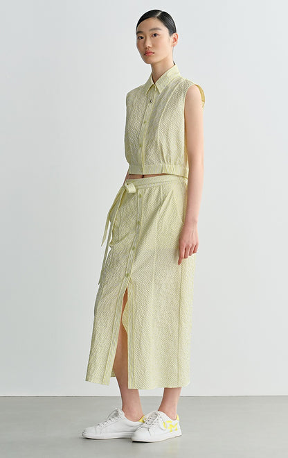 COMME MOI Crinkled yellow striped front slit midi skirt - CUBA.