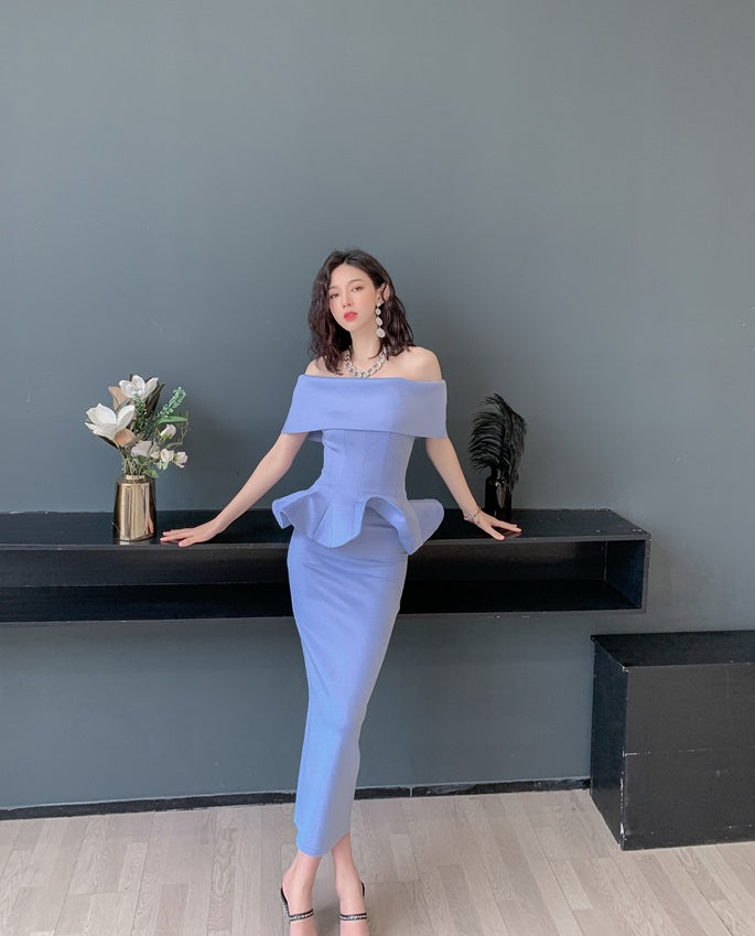 DOLLY High End Off Shoulder Peplum Tube Top Slim Fit Wedding Guest Dress-HANS
