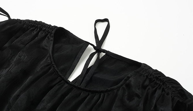 ZHUCHONGYUN Black Fiber Satin Adjustable Lace-up Loose Top--UNAKA.