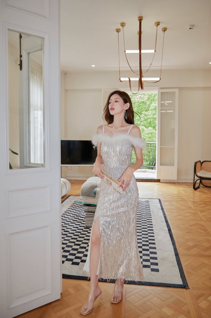 DOLLY Elegant White Sequin Feather Tube Top Fish Tail Slit Cocktail Dress-GINA