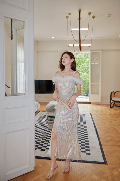 DOLLY Elegant White Sequin Feather Tube Top Fish Tail Slit Cocktail Dress-GINA