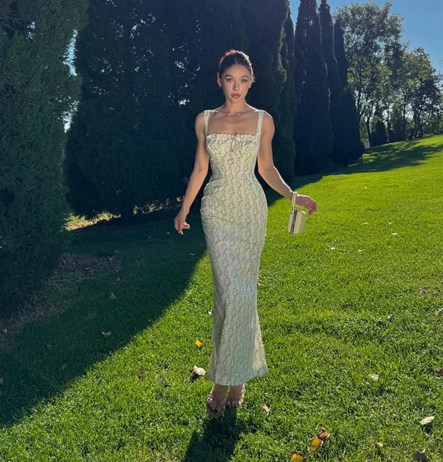 Le Palais Vintage floral goose yellow cotton slim maxi dress-BERRY.