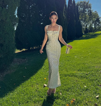 Le Palais Vintage floral goose yellow cotton slim maxi dress-BERRY.