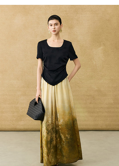 HECO Chinese Gradient Blended Lightweight Summer Print High-Waisted Skirt - AVEL.