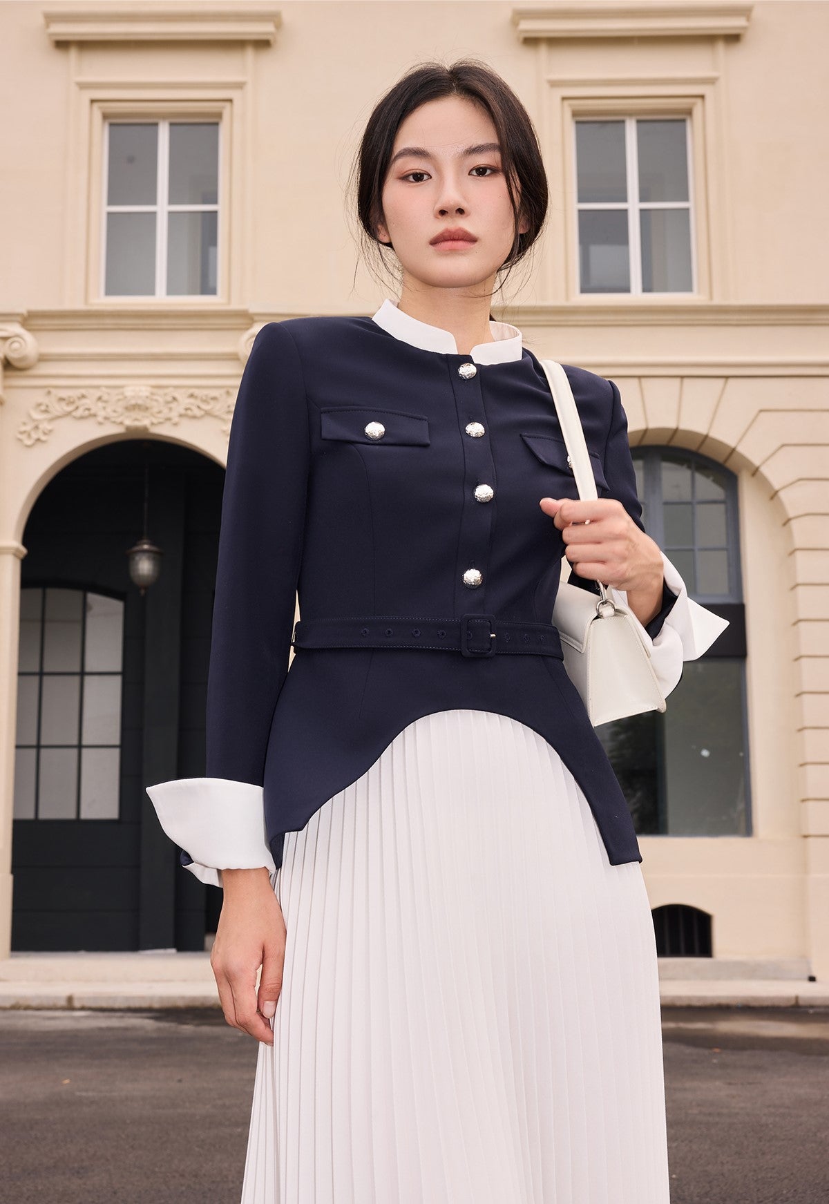 YES BY YESIR  irregular swing spliced pleated midi dress - LEVI.