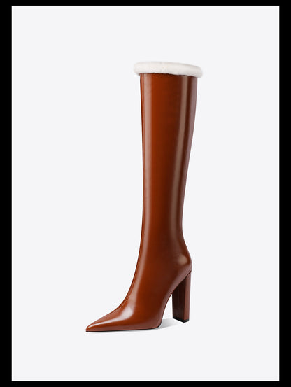 Fabfei pointed toe autumn/winter block heeled brown knee-length women's boots - Casy