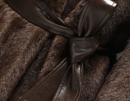 WANGXO | Tibetan Pas-Striped Mink Texture Belted Fur Coat -YUNI.