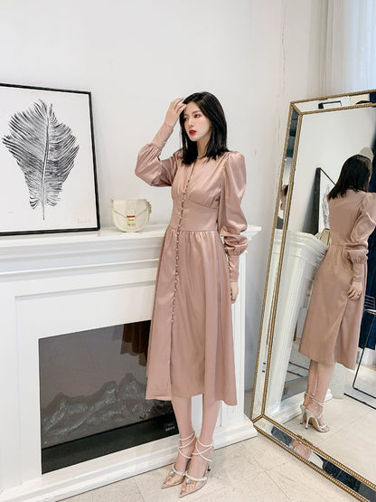 DOLLY Elegant V-Neck Long Lantern Sleeve Long Button Church Dress-NANA