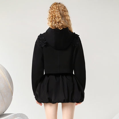 CHECOCRE Classy Sweet Cool Black Sweatshirt Shorts Two Piece Set - LEAF