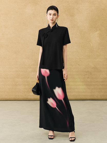 HECO Chinese Handmade Rose Tassel Short Sleeve T-Shirt  - GRADE.