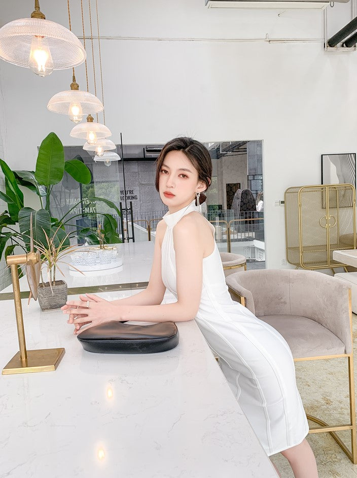 DOLLY Elegant Sleeveless Stand Collar Body Hug Midi Sexy Date Dress-NAT