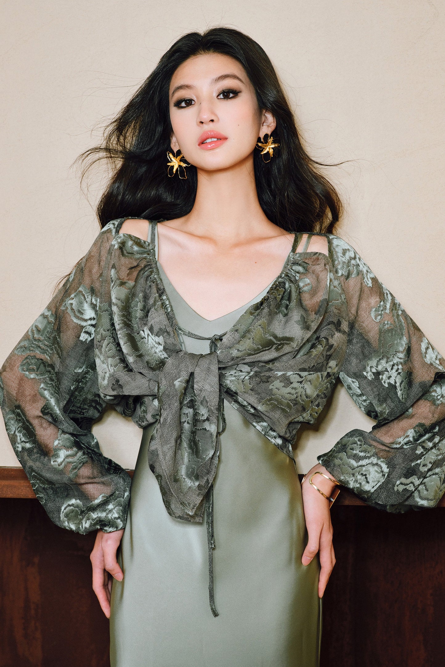 WANGXO Devoré Lace Light and Shadow Heavy Industry Bias French Cardigan & Satin Sundress Set - ESMEE