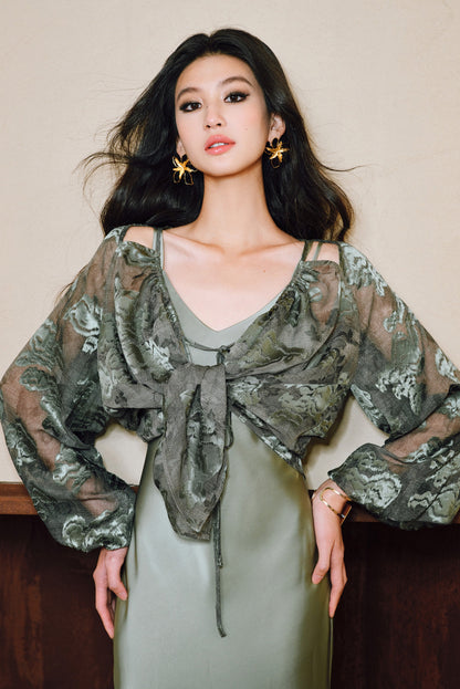 WANGXO Devoré Lace Light and Shadow Heavy Industry Bias French Cardigan & Satin Sundress Set - ESMEE