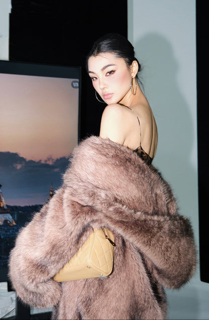 MEI SANGUAN Hooded Coffee Color Fur Jacket - JUSTIN