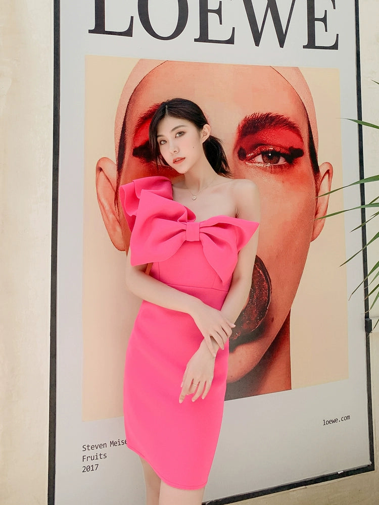 DOLLY Elegant French Style Pink Off Shoulder Big Bow Short Dinner Dress-JOMA