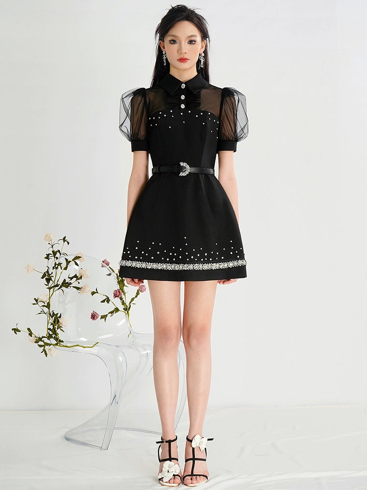 CHECOCRE Cute Nail Diamond Mesh Puff Sleeves Little Black Dress - INOVATIVE