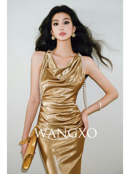 WANGXO |Detachable Pearl Pendant Swing Neck Waist Fishtail Dress -NOYA
