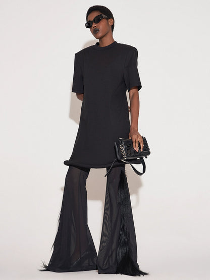 ANNAKIKI Black Saucer Hem Shoulder Padded Loose Dress-SHIRA