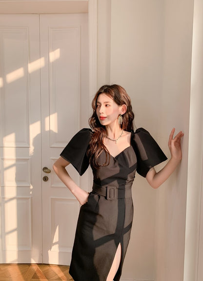 DOLLY Luxury Black Retro V-Neck Short Puff Sleeve Midi Luncheon Dress-SUSU