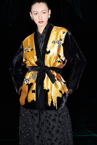 M essential Mackay designer non-jerked velvet tribal totem beaded coat - shut.