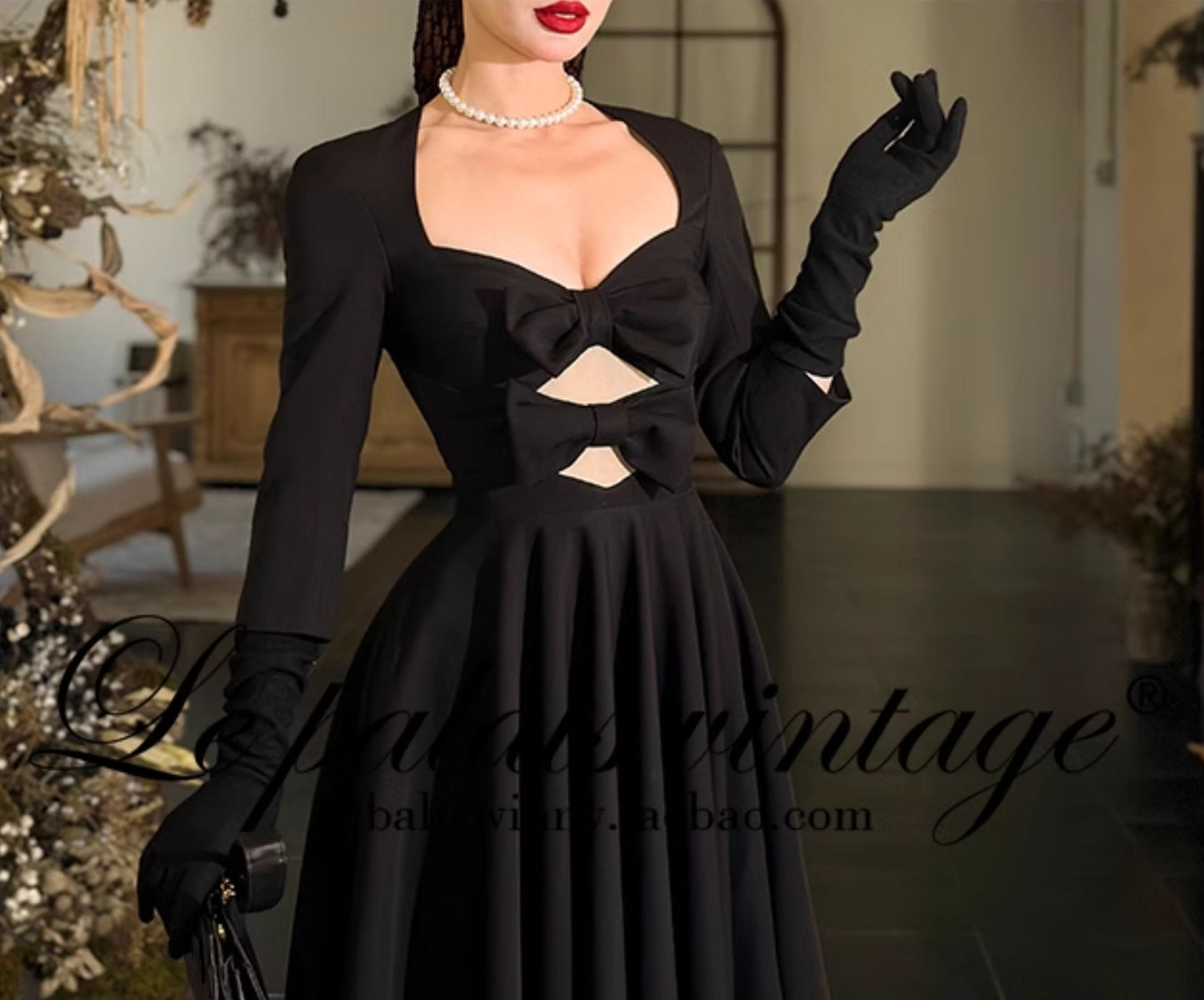Le Palais Vintage Elegant Retro Long Sleeves Plain Mid Skirt Black  Long Cocktail Hem Dress-Aurora