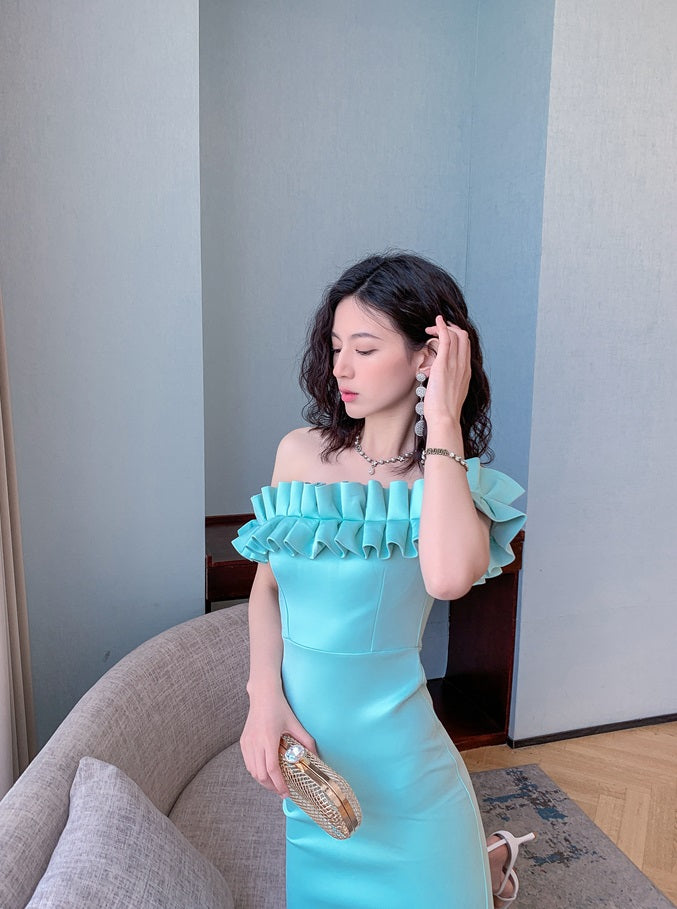 DOLLY High End Retro Style Pleated Off Shoulder Slim Fit Dinner Dress-JOLA