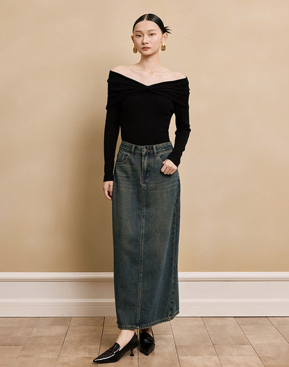 HECO  long-sleeved black red knitwear off-the-shoulder spring - DREAM.