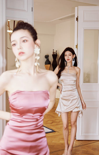 DOLLY Elegant French Style Sleeveless Tube Top Slim Fit Satin Short Dress-KARALINA