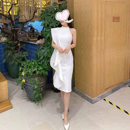 DOLLY Elegant Stand Collar Sleeveless Ruffle Midi Business Dinner Dress-RAINA