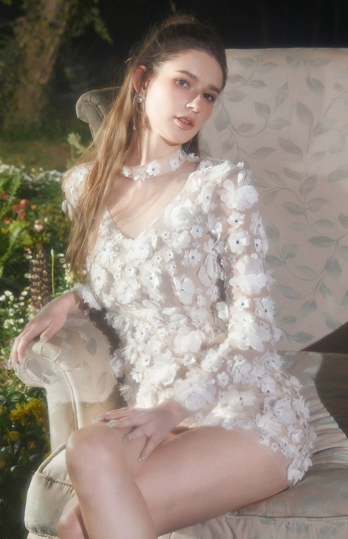 Wardrobes By Chen Elegant White V-Neck Long Sleeve Short party bridal Dress-Anita Wardrobes By Chen Elegant White V-Neck Long Sleeve Short party bridal Dress-Anita