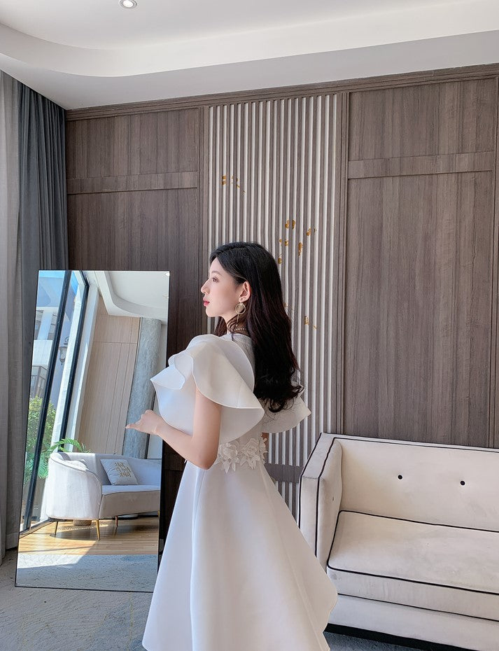 DOLLY Elegant White Slant Collar Short Ruffle Sleeves Midi A-Line Dinner Dress-CRYSTA