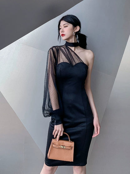 DOLLY Elegant Black One Shoulder Mesh Puff Long Sleeve Slim Fit Dinner Dress-AGNES