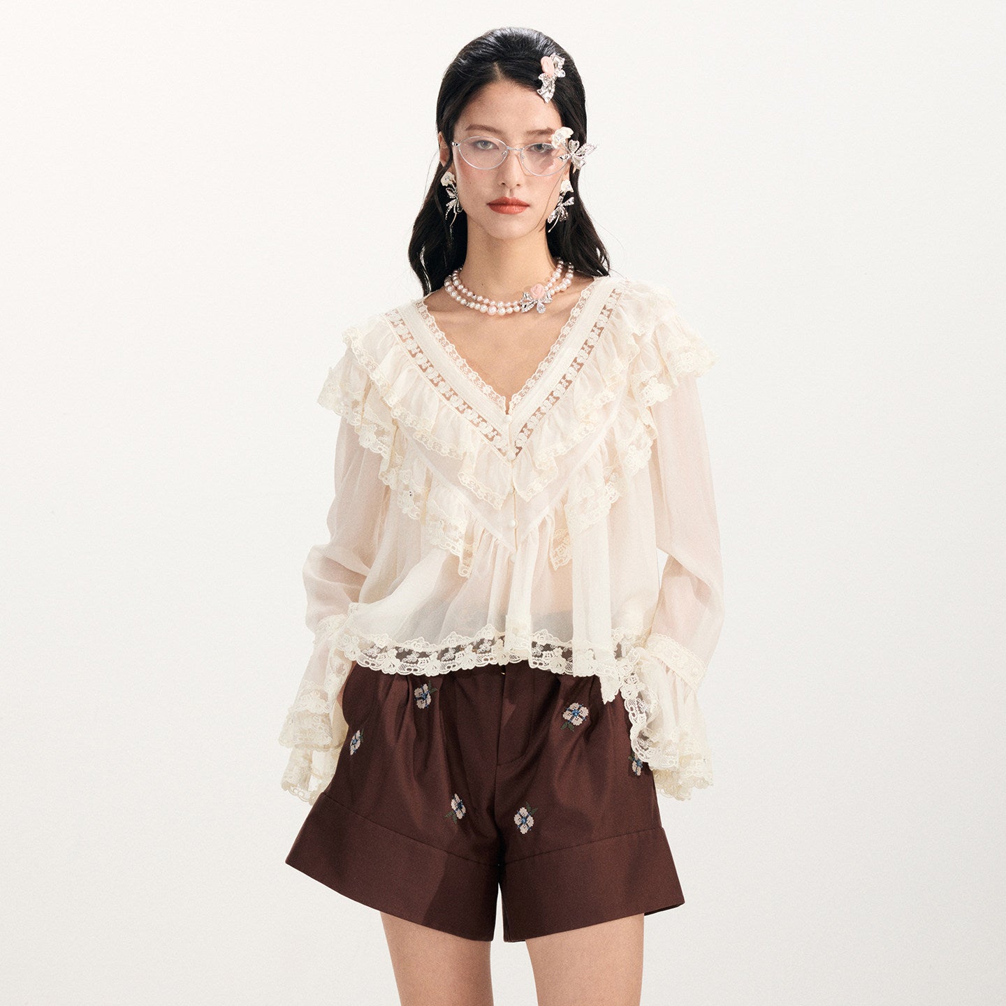 FAME Embroidered Ruffle V-Neck Long Sleeve Top