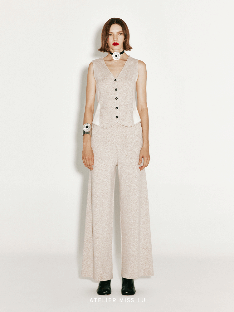 ATELIER MISS LU Fall/Winter Contrast Cashmere and Wool Blend Vest - CHERRY