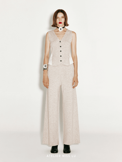 ATELIER MISS LU Fall/Winter Contrast Cashmere and Wool Blend Vest - CHERRY