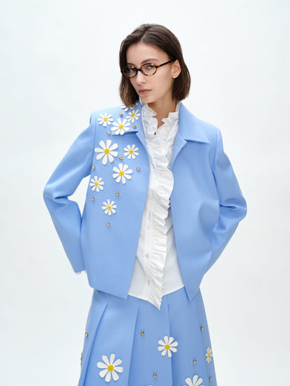 SERRER Little daisy flower hand-studded light blue blazer - KADISHA.