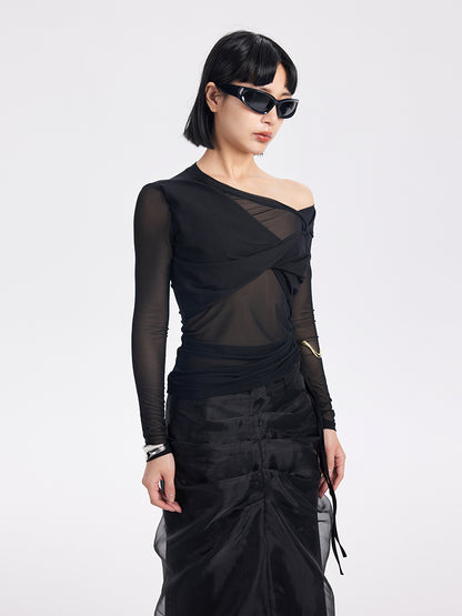 TINY IN black long sleeve slanted shoulder mesh sheer top-DORI