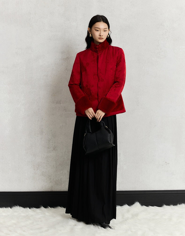 HECO 100% viscose High Neck Fur Collar red black Cotton Suit Women - entity.