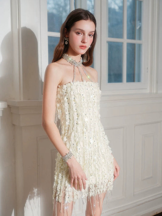 Wardrobes by Chen Elegant Yellow Chain Tassel Flower Halter Dress-Temi