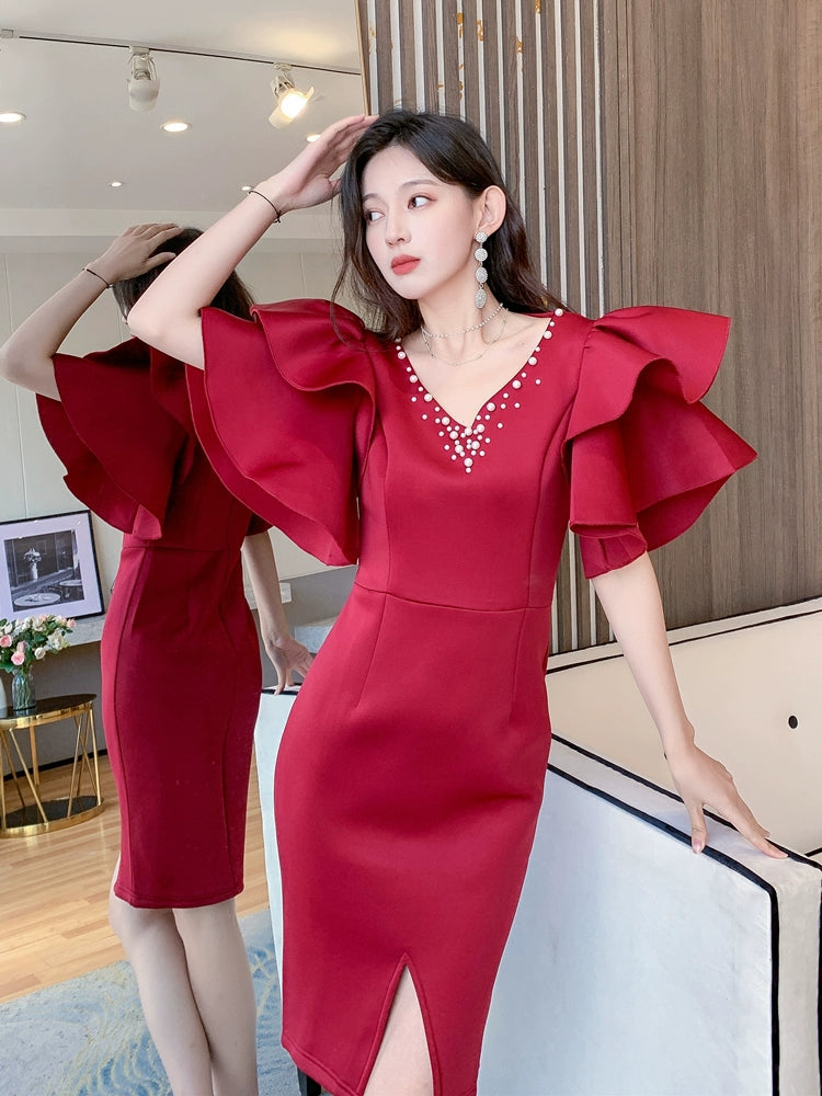 DOLLY Elegant V-Neck Short Ruffle Sleeves Slim Fit Midi Slit Office Dress- ilLA