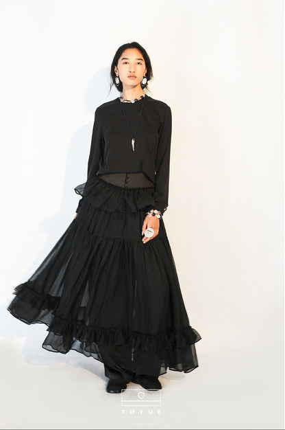 TUYUE Black and White Tulle Long Elegant Ruffled Skirt - TAN.
