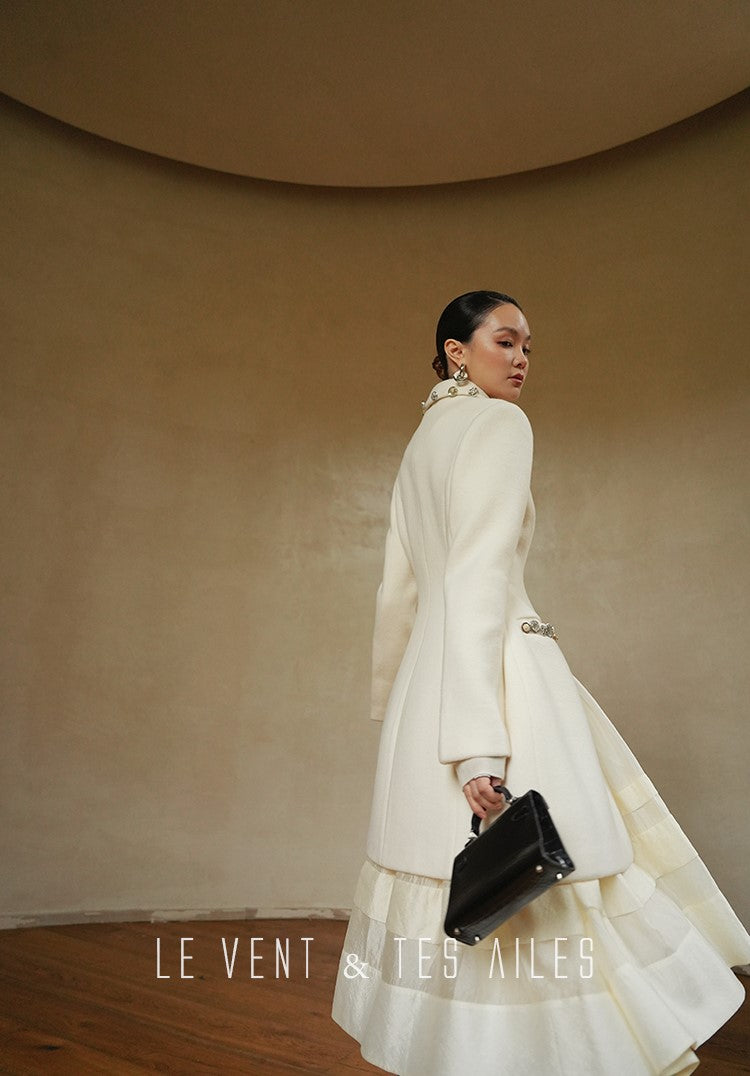 LE VENT&TES AILES Classic Stone button Wool Tweed Jacket Coat -INES