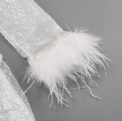 DOLLY Elegant White Crew Neck Long Sleeve Short Sequin Sexy Birthday Dress-LAYLA