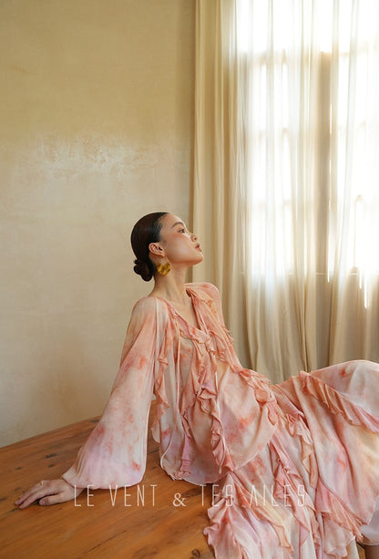 LE VENT& TES AILES Spring summer elegant multicolor silk smudged floral shirt skirt-ENE