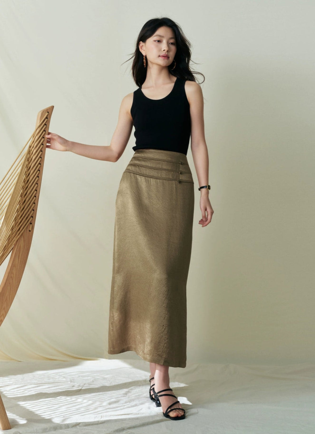 SUSHE Light Chinese acetate scratch satin high waist long skirt female -JESSICA