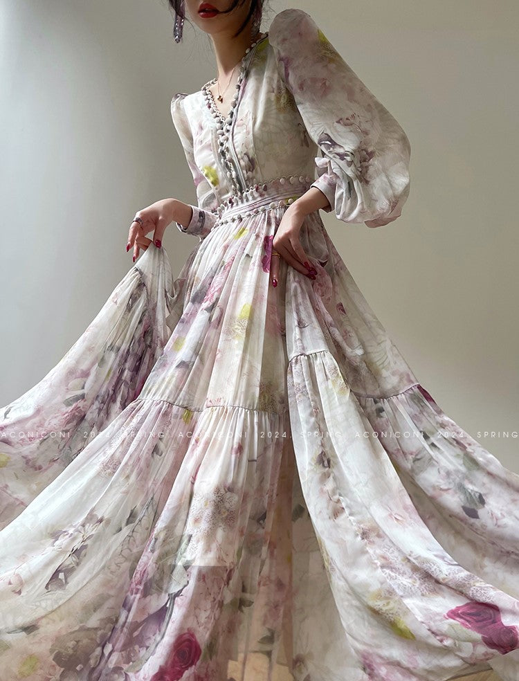 Aconiconi Luxury French Print V-Neck Long Sleeve Pleated Wedding Guest Dress- Liwu XS / Floral Aconiconi Luxury French Print V-Neck Long Sleeve Pleated Wedding Guest Dress- Liwu XS / Floral