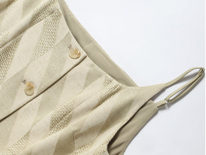 WANGXO | Oxygen-Induced Linen with Rhombic Texture  Waist-Cinched U-Neck Camisole Vest & Tie Skirt Set -NOLA