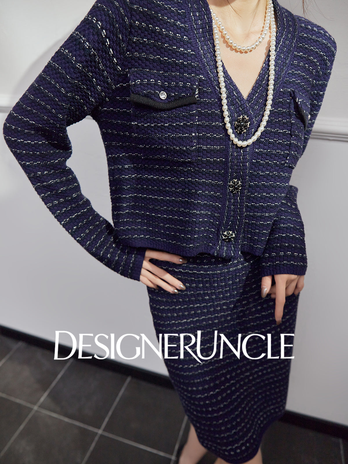 DGU|Royal Blue SSmall Fragrance V-Neck Elegant Knitted Top Two-Piece Set.