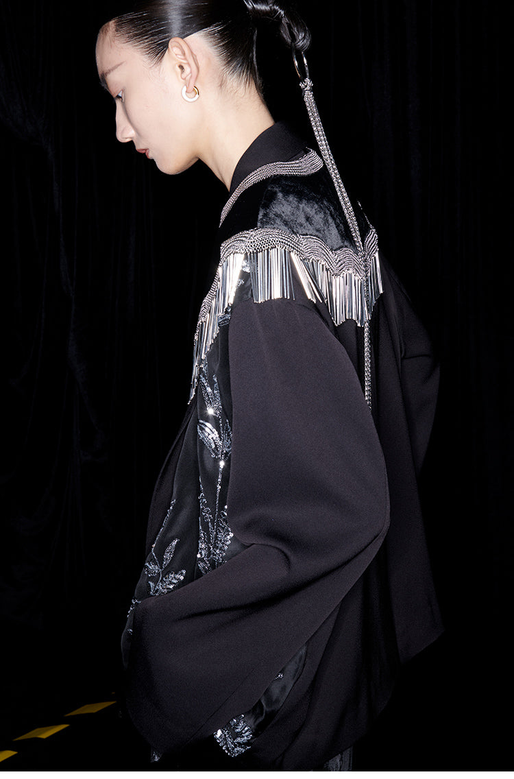 M essential Mackay designer silk-velvet crewneck tassel cape blazer dress set-  Benny.